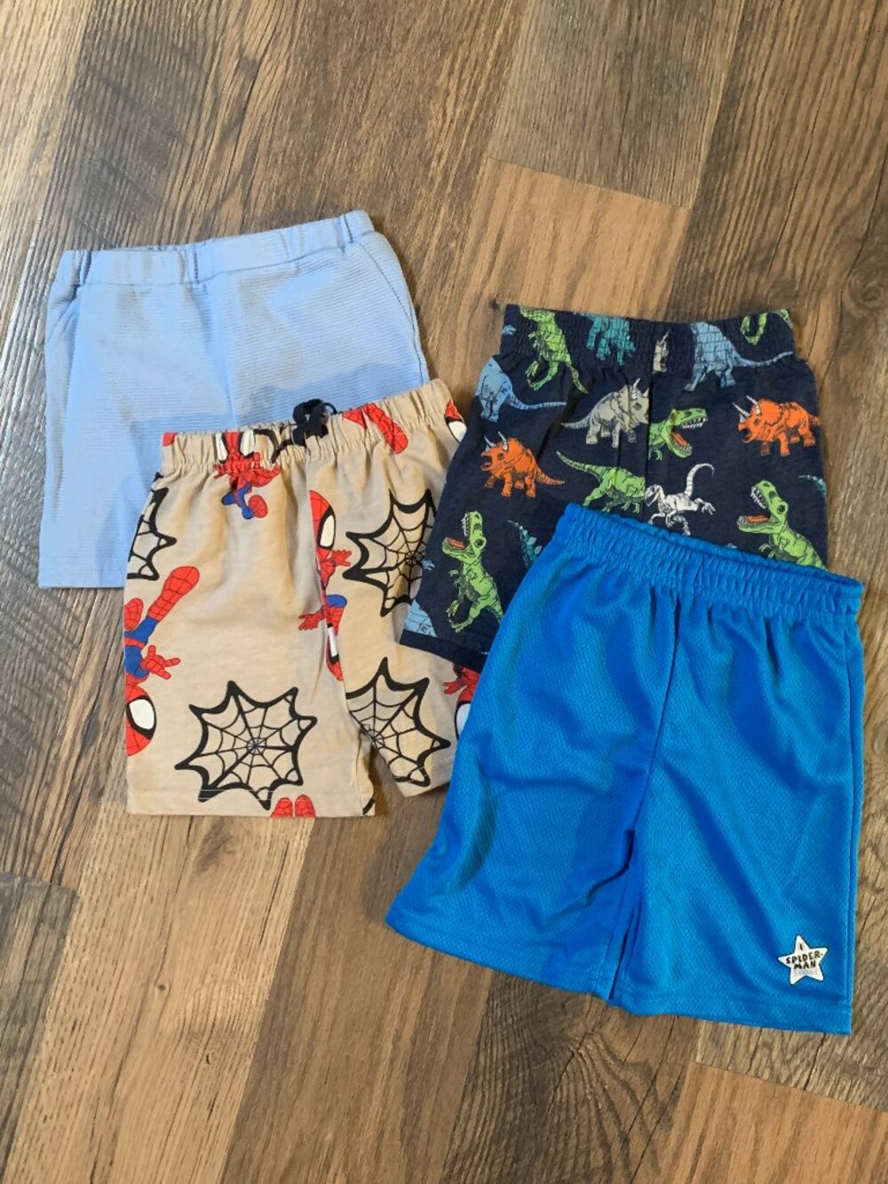 Set of 4 Pairs Boys size 3T Shorts Spidey Graphic-Lt Blue-Dinosaur-Spidey Blue